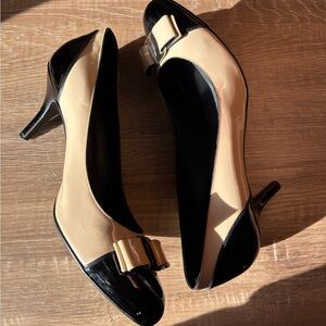 Salvatore Ferragamo Patent Black and Cream Pumps with Bow